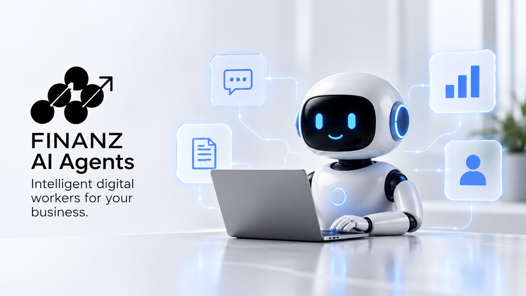FINANZ AI Agents: a friendly robot working on a laptop, connected to chat, document, analytics and user icons