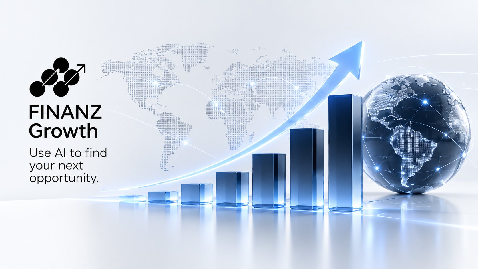 FINANZ Growth: rising bar chart with an upward arrow over a world map and a globe